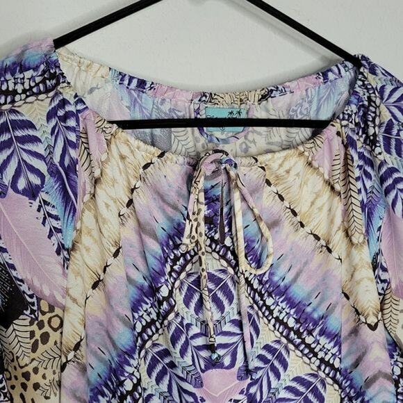 Letarte Multicolor Feather & Animal Printed 3/4 Sleeve Swim Coverup Womens Small - Picture 2 of 8